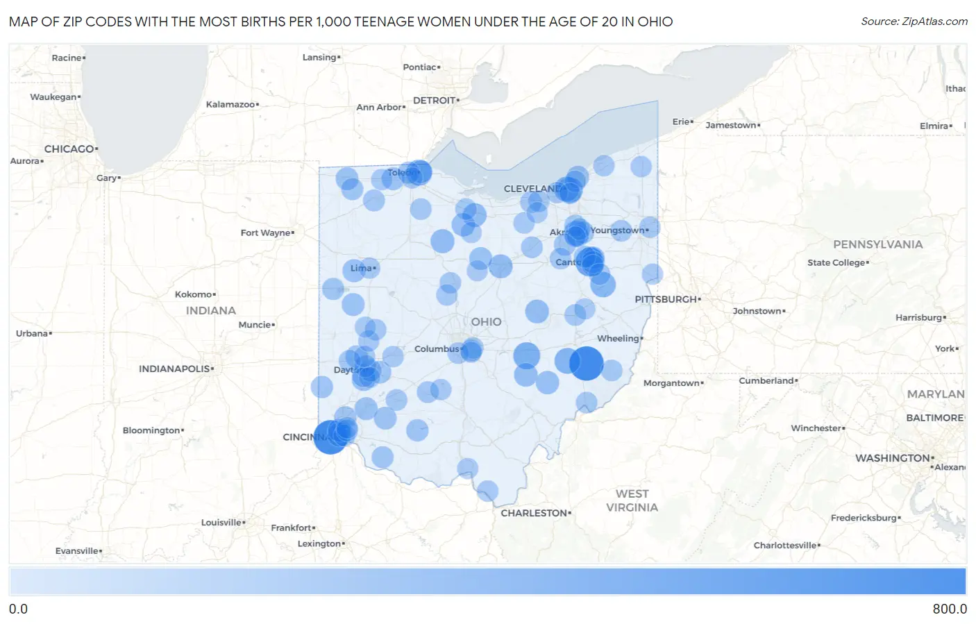 Zip Codes with the Most Births per 1,000 Teenage Women Under the Age of 20 in Ohio Map