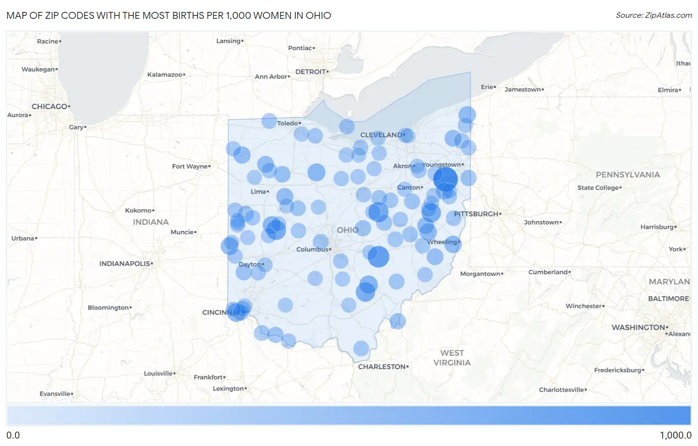Zip Codes with the Most Births per 1,000 Women in Ohio Map