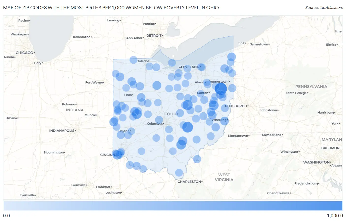 Zip Codes with the Most Births per 1,000 Women Below Poverty Level in Ohio Map