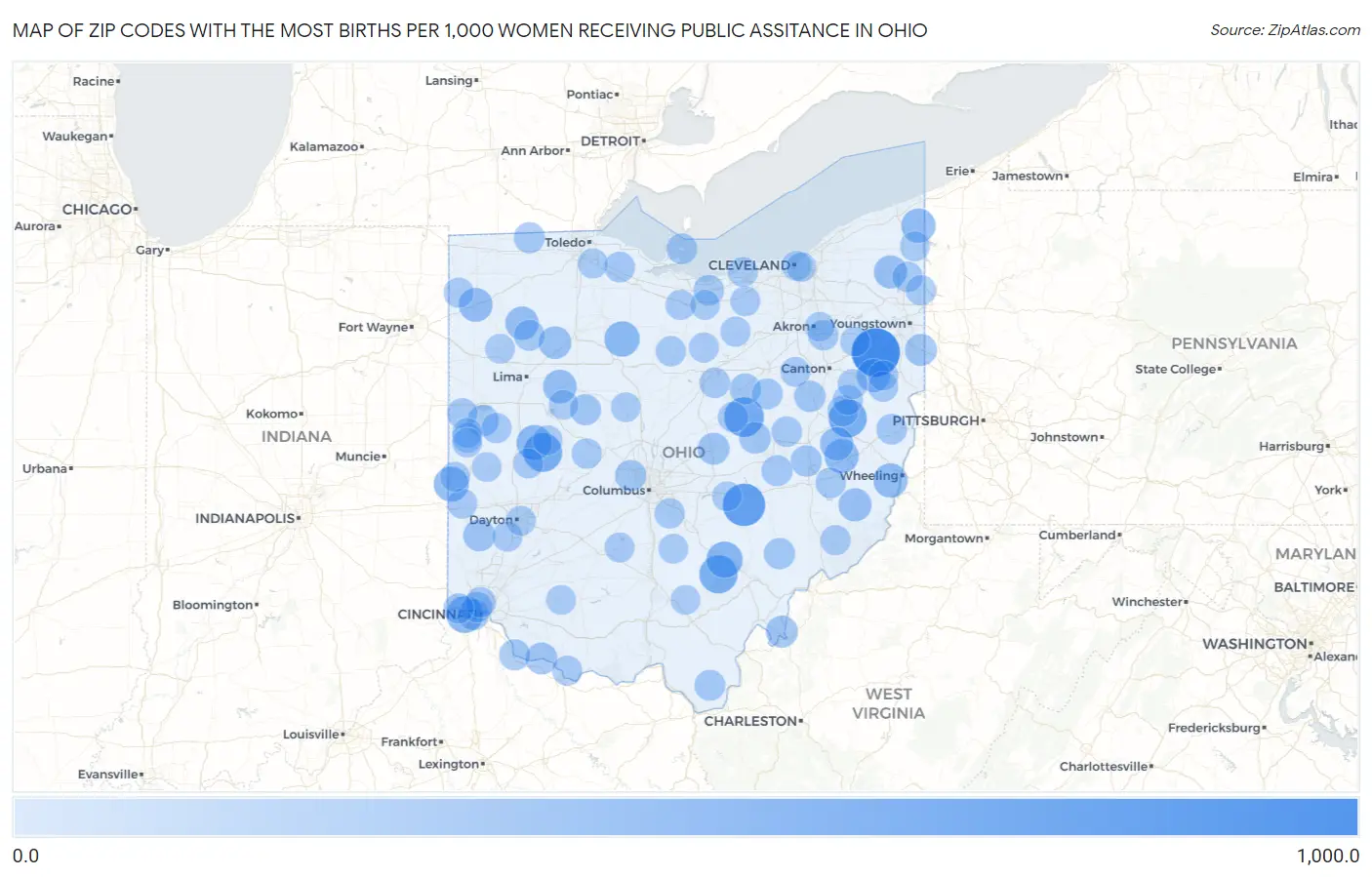 Zip Codes with the Most Births per 1,000 Women Receiving Public Assitance in Ohio Map