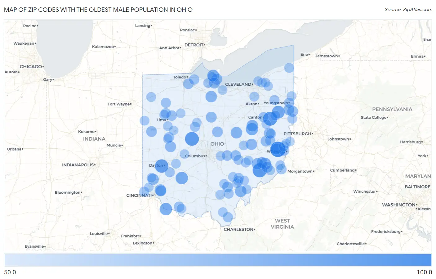Zip Codes with the Oldest Male Population in Ohio Map