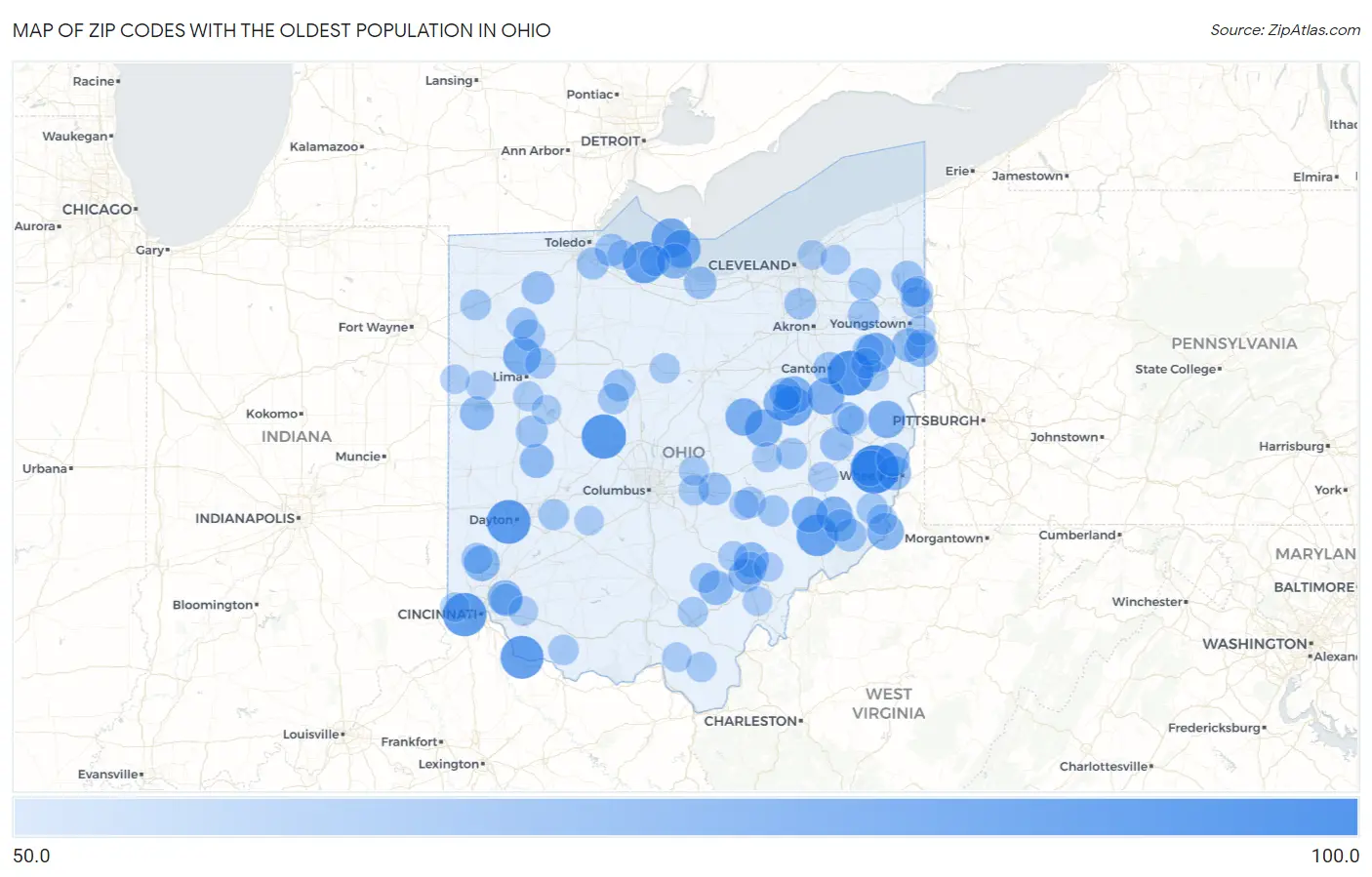 Zip Codes with the Oldest Population in Ohio Map