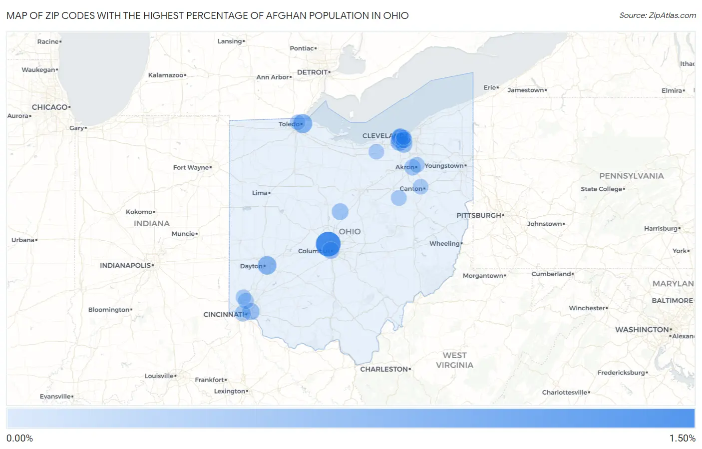 Zip Codes with the Highest Percentage of Afghan Population in Ohio Map