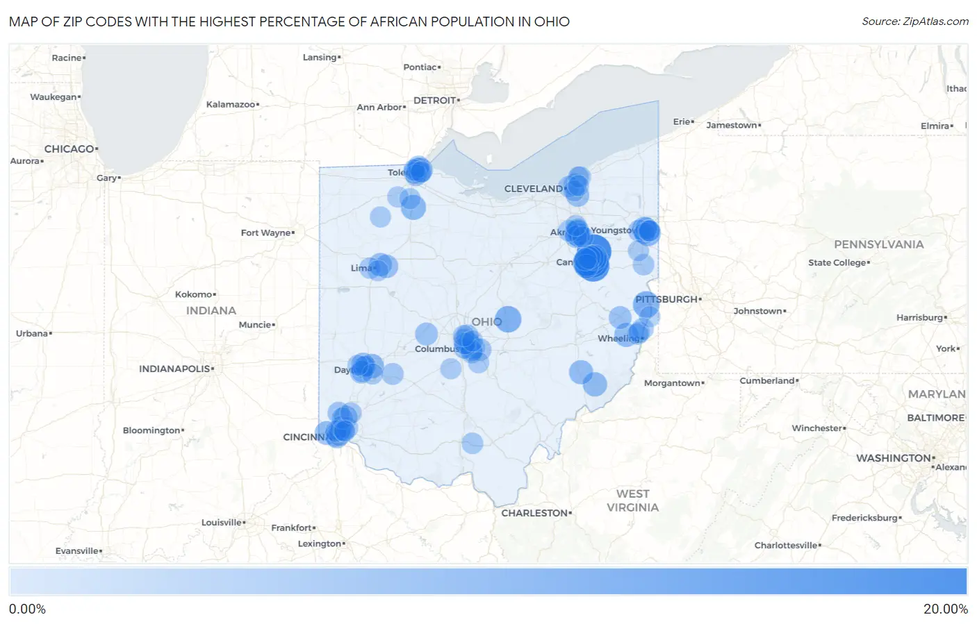 Zip Codes with the Highest Percentage of African Population in Ohio Map