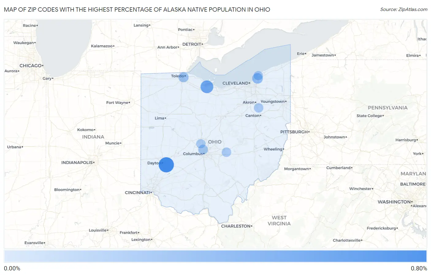 Zip Codes with the Highest Percentage of Alaska Native Population in Ohio Map