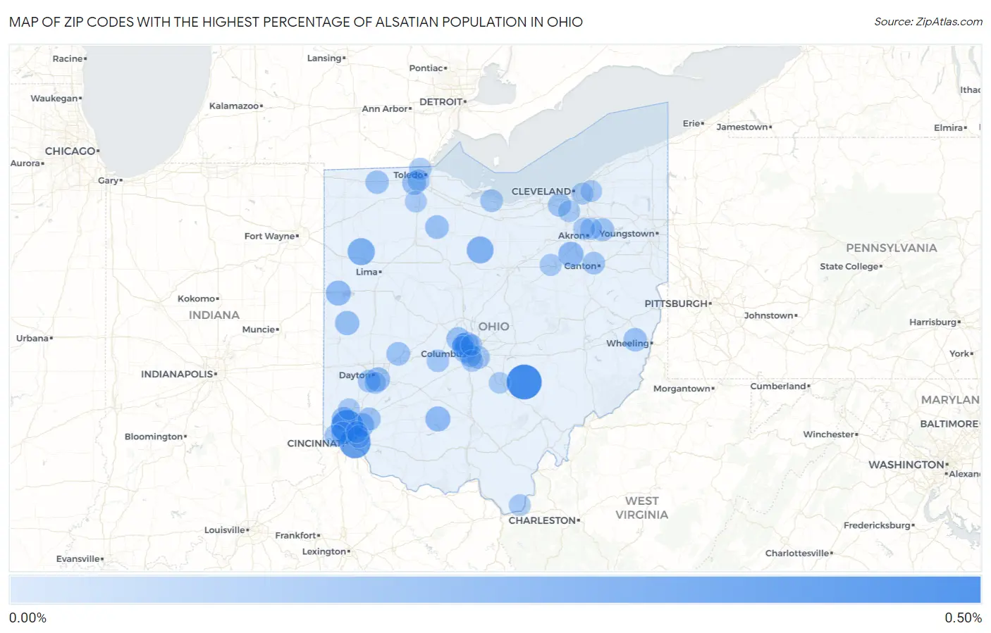 Zip Codes with the Highest Percentage of Alsatian Population in Ohio Map