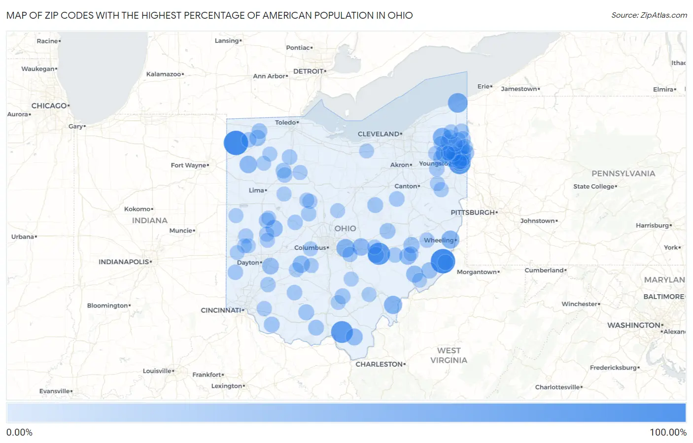 Zip Codes with the Highest Percentage of American Population in Ohio Map