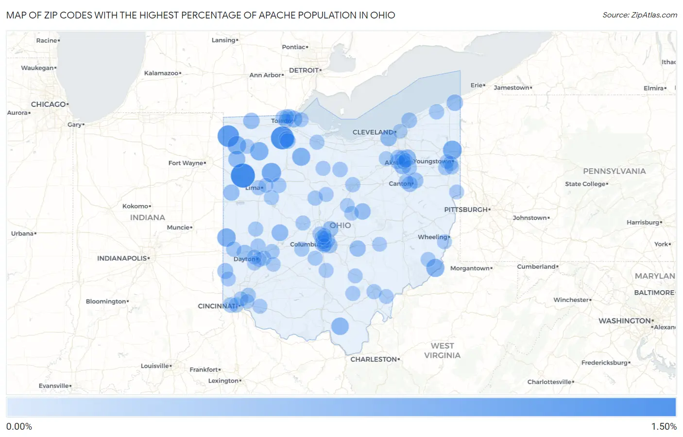 Zip Codes with the Highest Percentage of Apache Population in Ohio Map