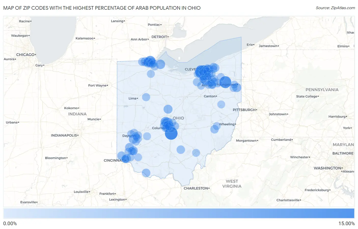 Zip Codes with the Highest Percentage of Arab Population in Ohio Map