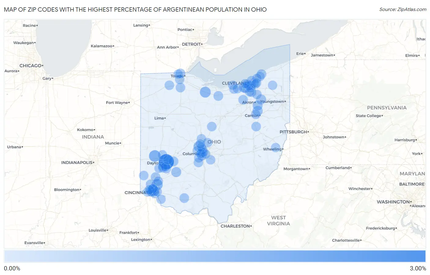 Zip Codes with the Highest Percentage of Argentinean Population in Ohio Map