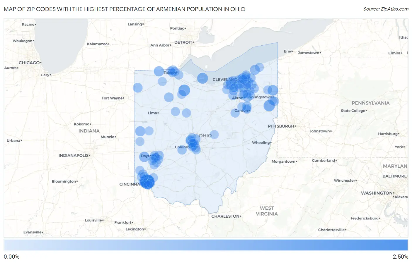 Zip Codes with the Highest Percentage of Armenian Population in Ohio Map
