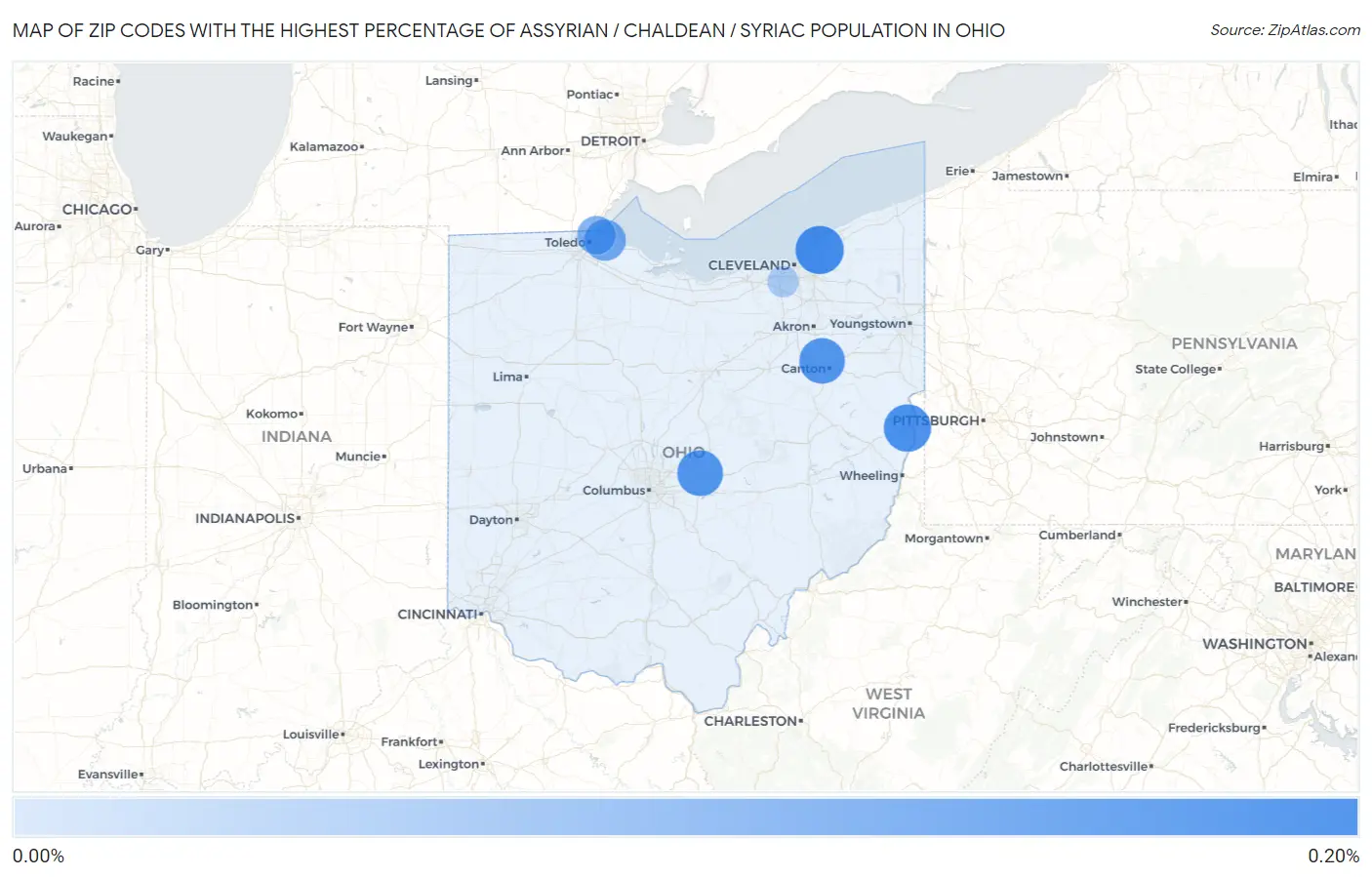 Zip Codes with the Highest Percentage of Assyrian / Chaldean / Syriac Population in Ohio Map