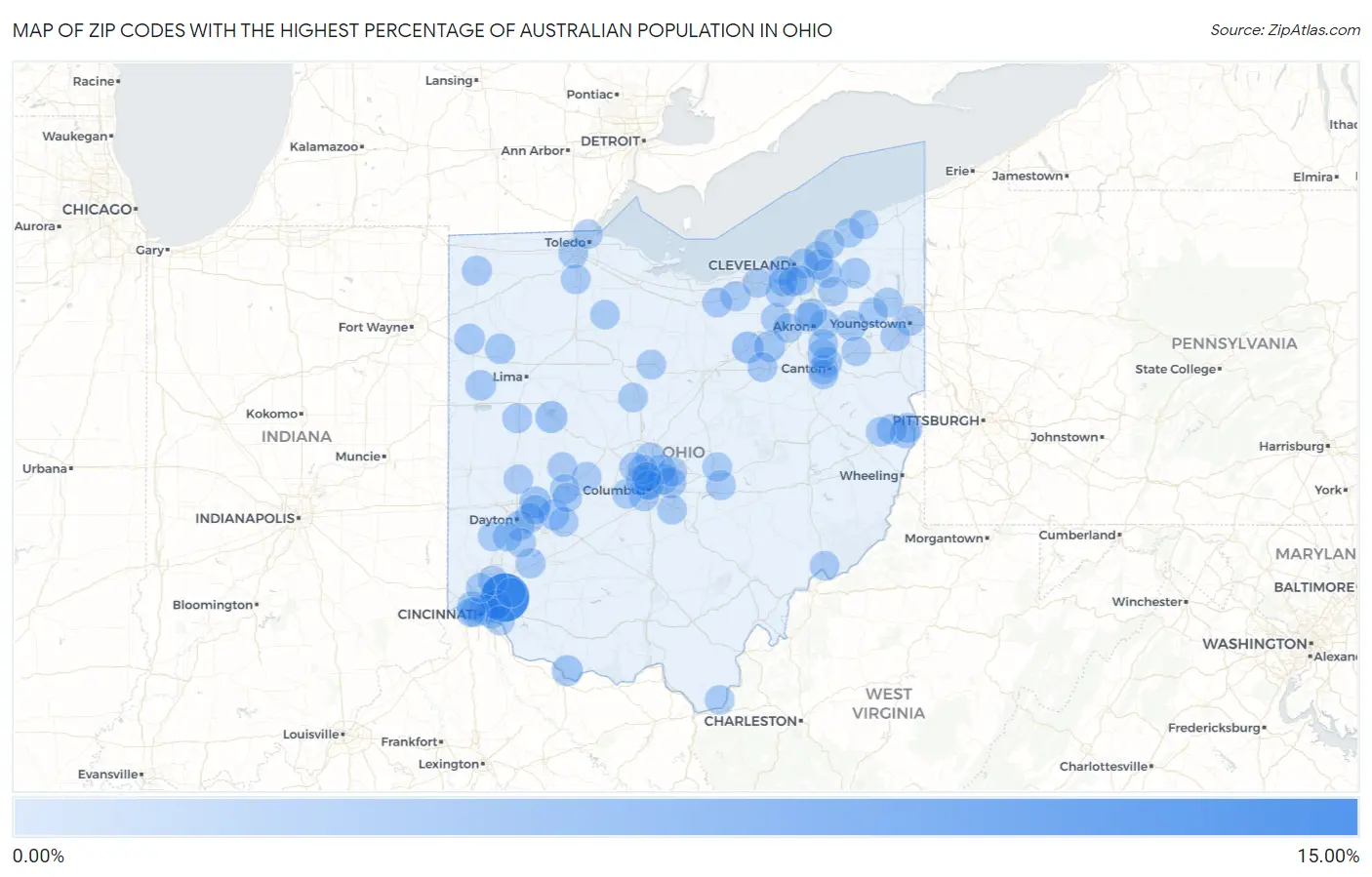 Zip Codes with the Highest Percentage of Australian Population in Ohio Map
