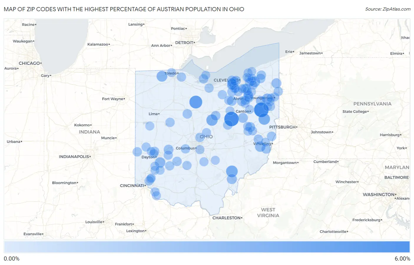 Zip Codes with the Highest Percentage of Austrian Population in Ohio Map