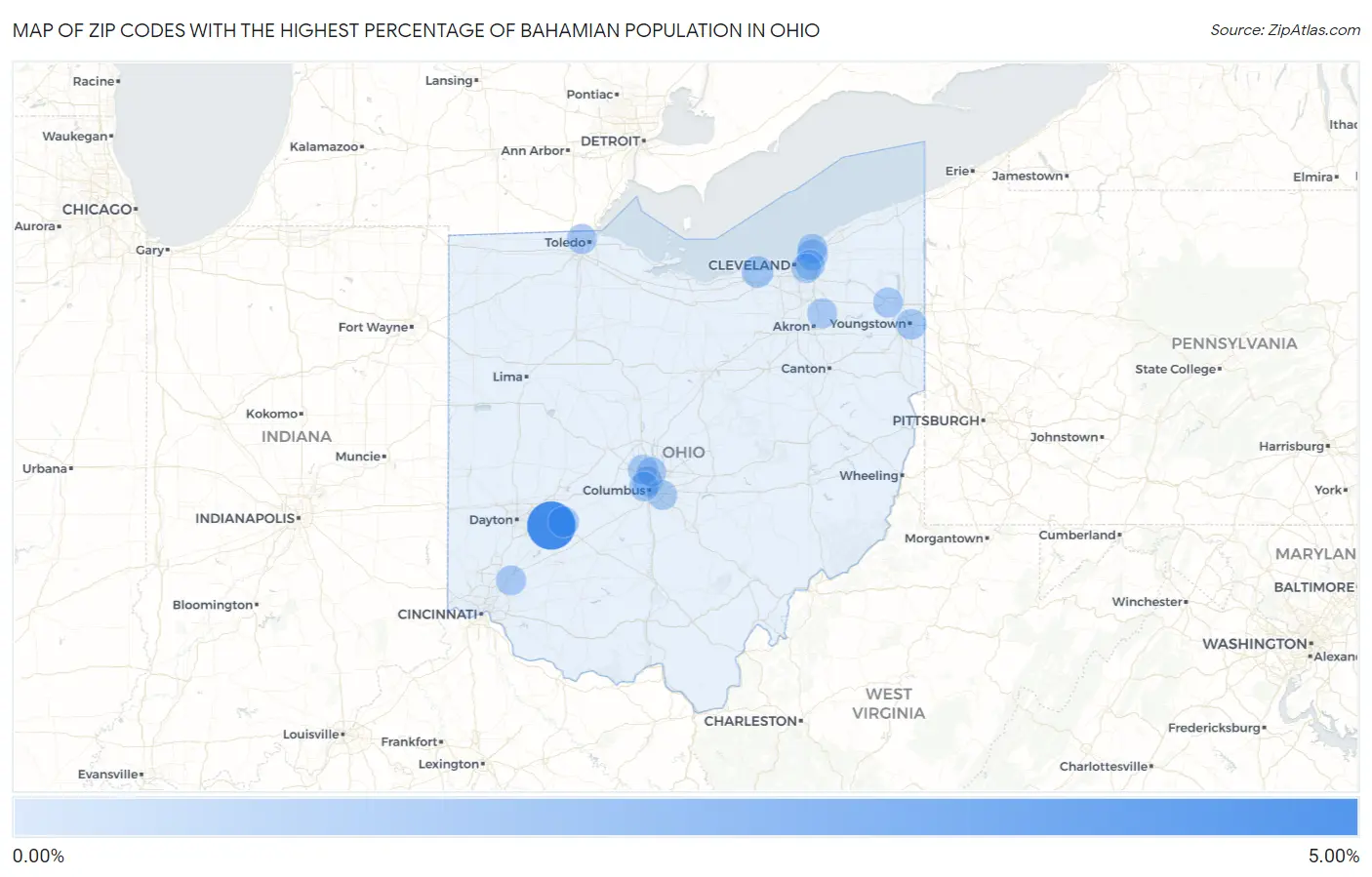 Zip Codes with the Highest Percentage of Bahamian Population in Ohio Map