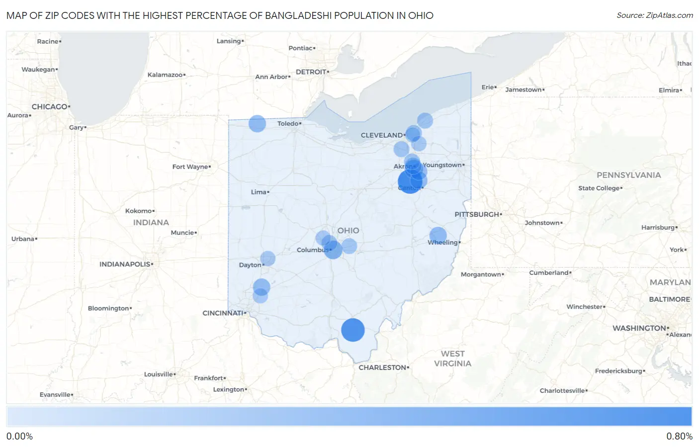 Zip Codes with the Highest Percentage of Bangladeshi Population in Ohio Map