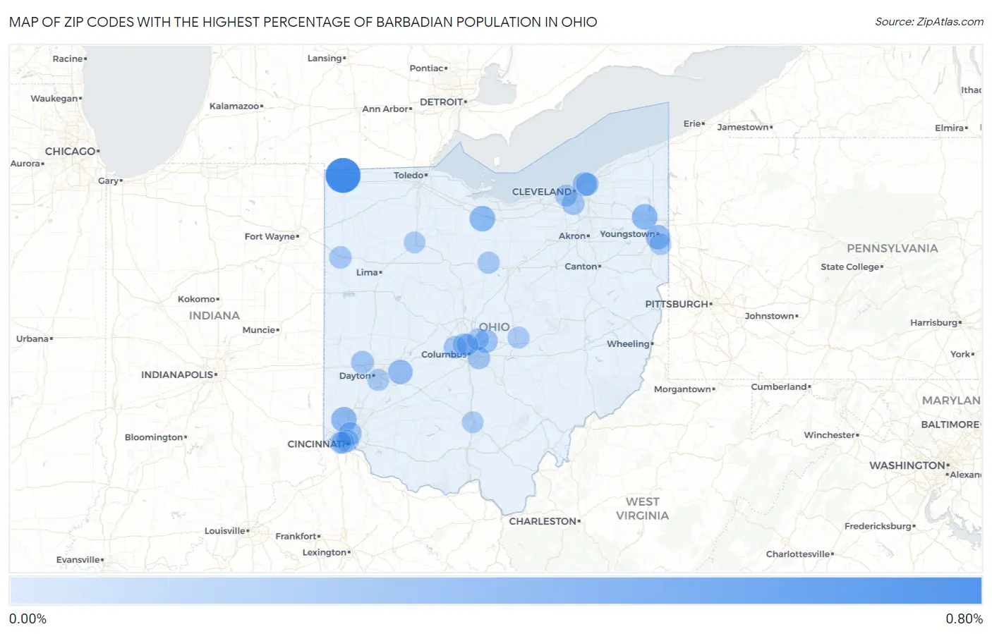 Zip Codes with the Highest Percentage of Barbadian Population in Ohio Map
