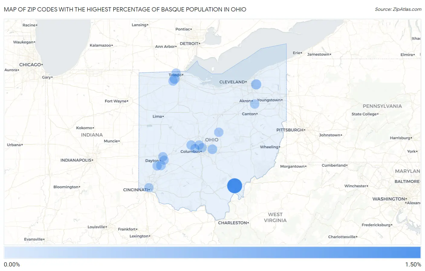 Zip Codes with the Highest Percentage of Basque Population in Ohio Map