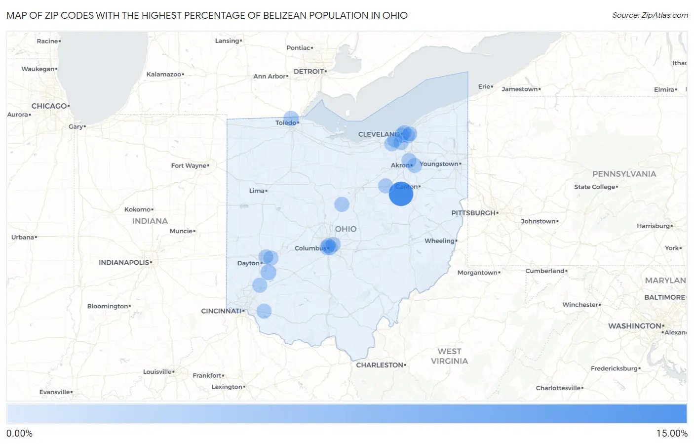 Zip Codes with the Highest Percentage of Belizean Population in Ohio Map