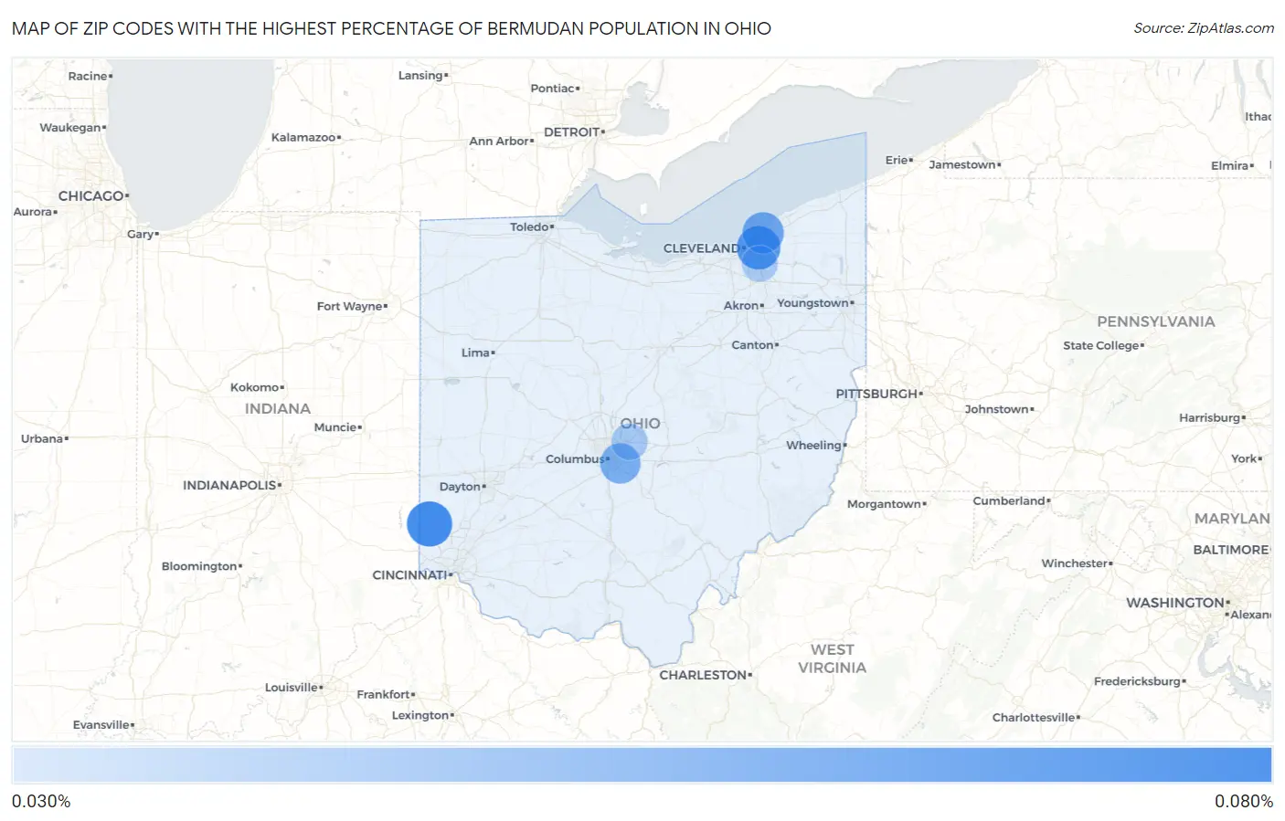 Zip Codes with the Highest Percentage of Bermudan Population in Ohio Map