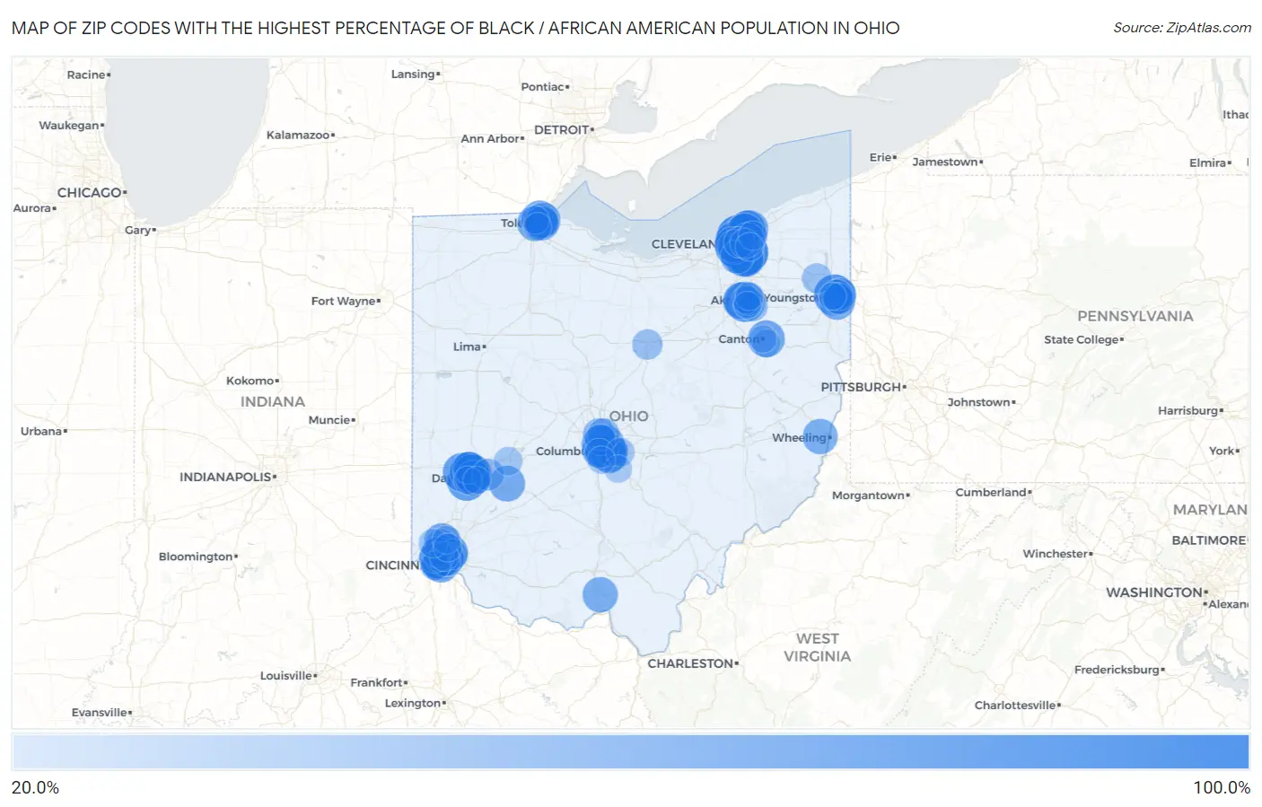 Zip Codes with the Highest Percentage of Black / African American Population in Ohio Map