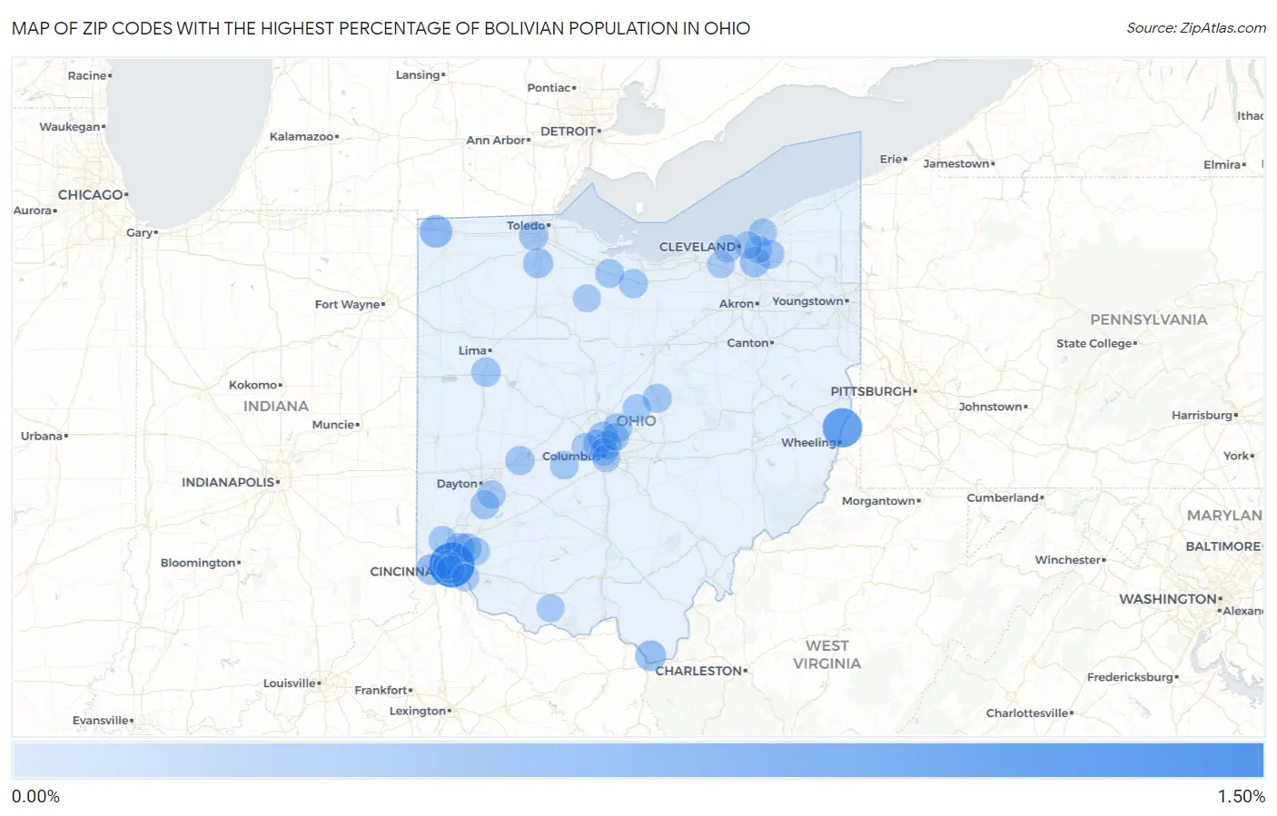 Zip Codes with the Highest Percentage of Bolivian Population in Ohio Map