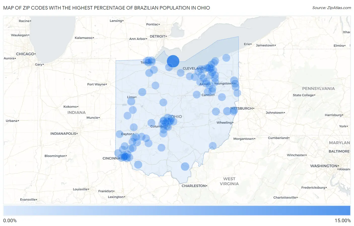 Zip Codes with the Highest Percentage of Brazilian Population in Ohio Map