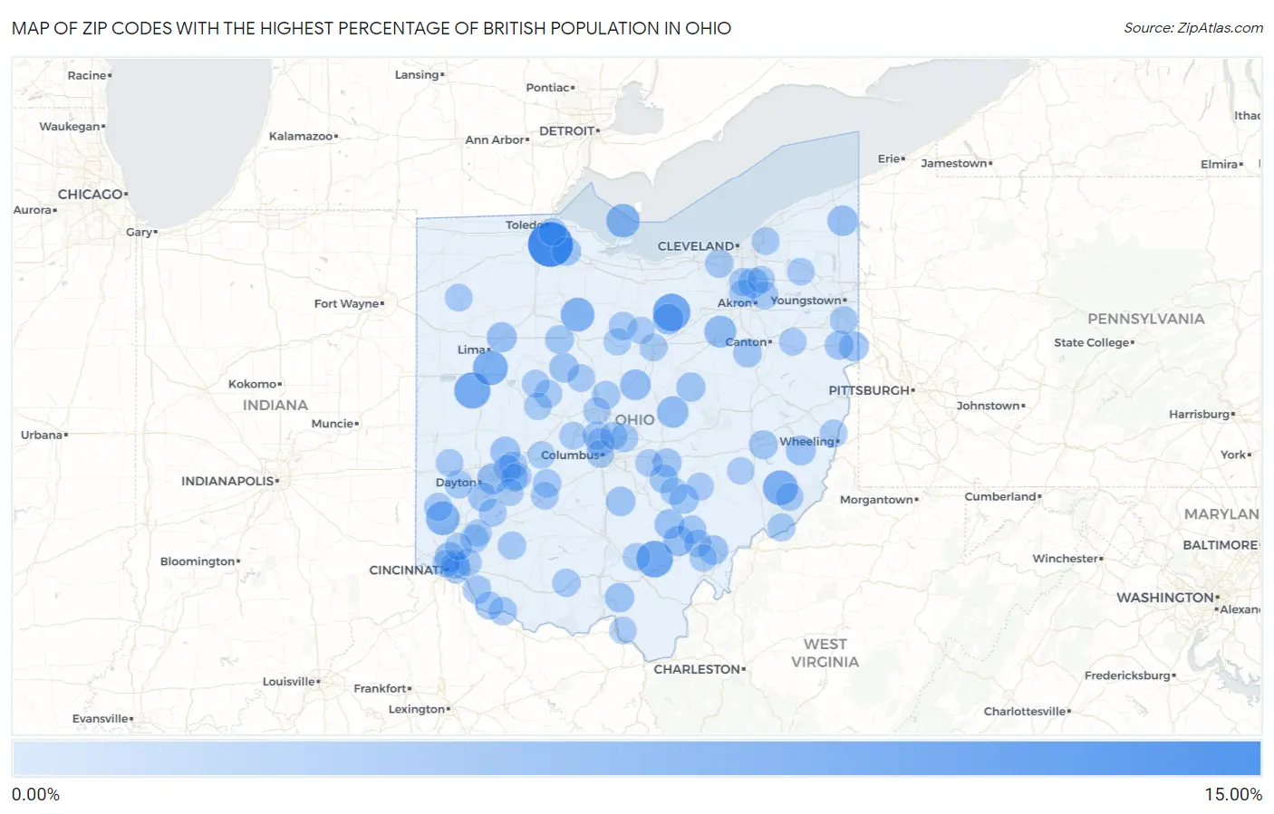 Zip Codes with the Highest Percentage of British Population in Ohio Map