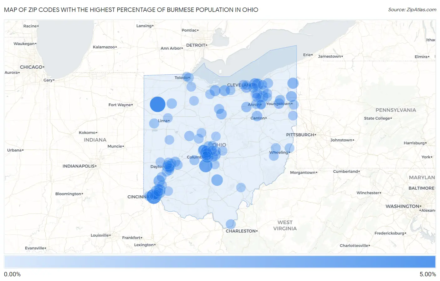 Zip Codes with the Highest Percentage of Burmese Population in Ohio Map