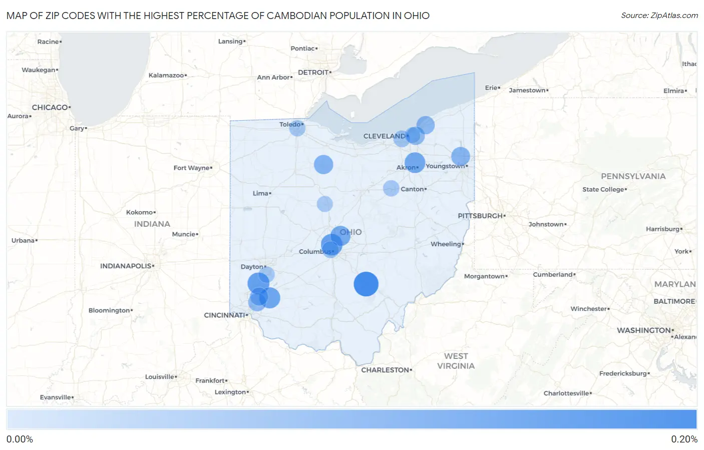 Zip Codes with the Highest Percentage of Cambodian Population in Ohio Map