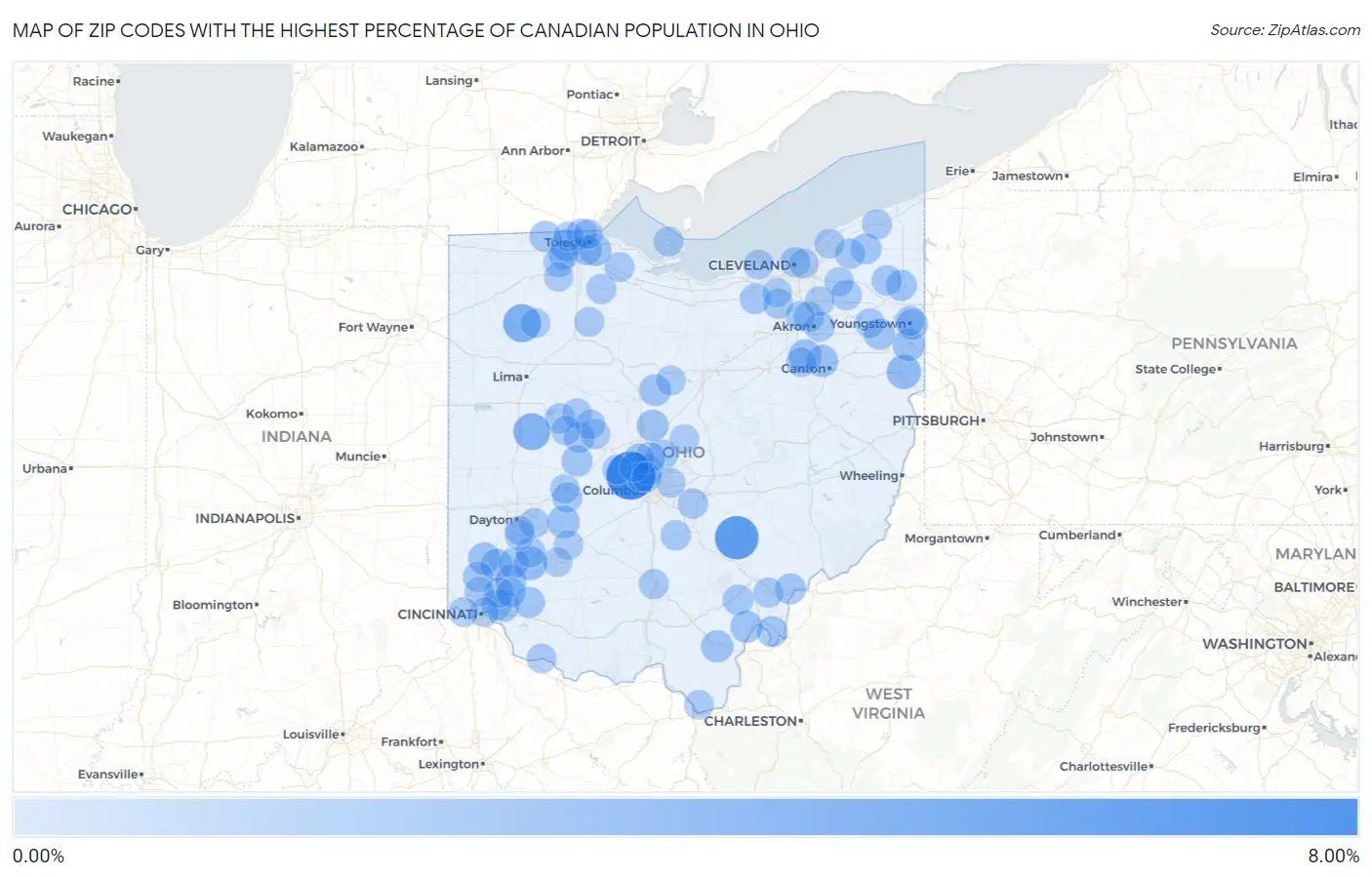 Zip Codes with the Highest Percentage of Canadian Population in Ohio Map