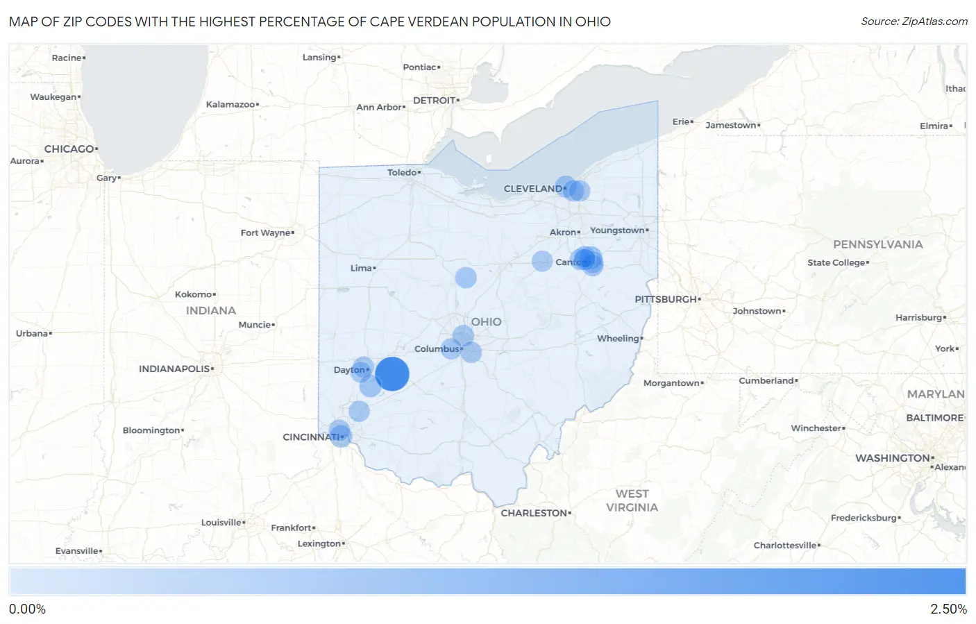 Zip Codes with the Highest Percentage of Cape Verdean Population in Ohio Map