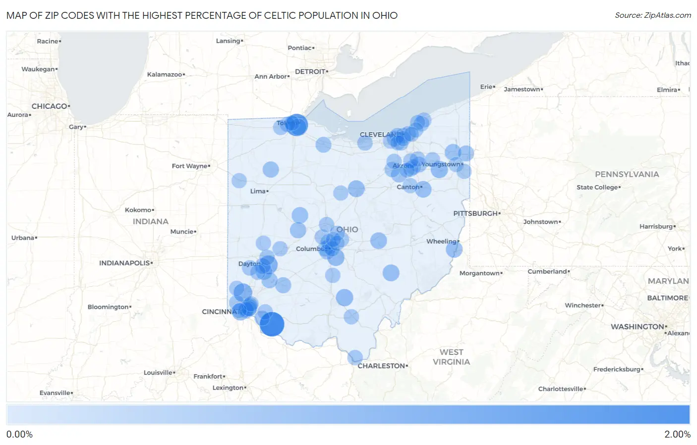 Zip Codes with the Highest Percentage of Celtic Population in Ohio Map