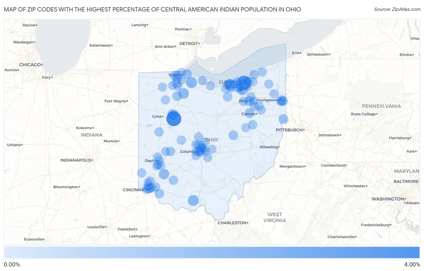 Zip Codes with the Highest Percentage of Central American Indian Population in Ohio Map