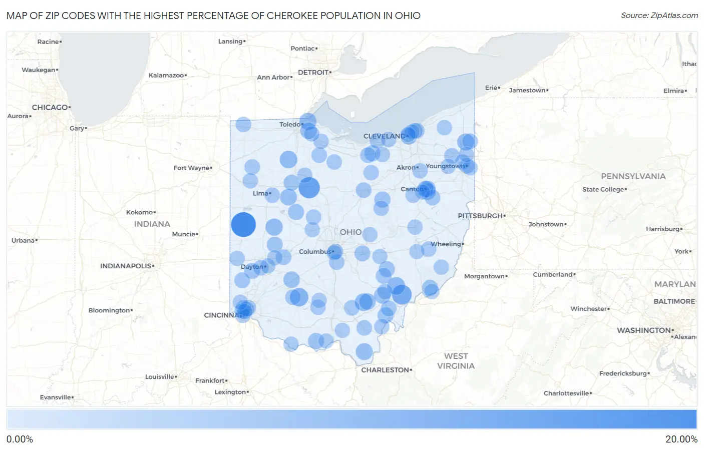 Zip Codes with the Highest Percentage of Cherokee Population in Ohio Map