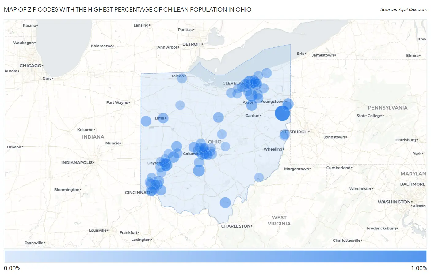 Zip Codes with the Highest Percentage of Chilean Population in Ohio Map