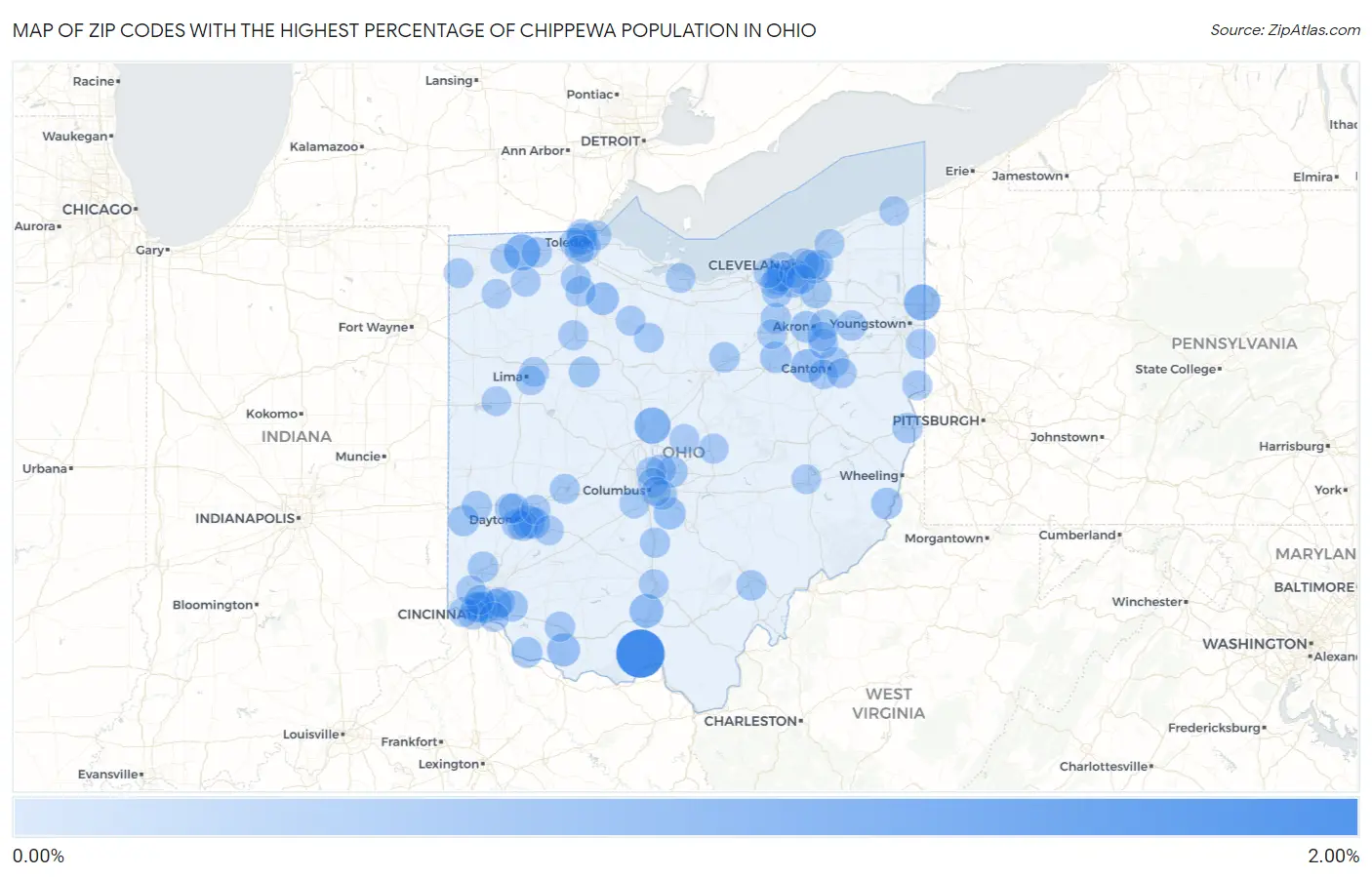 Zip Codes with the Highest Percentage of Chippewa Population in Ohio Map