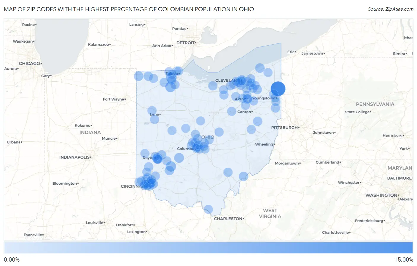 Zip Codes with the Highest Percentage of Colombian Population in Ohio Map