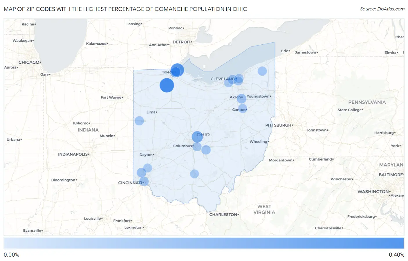 Zip Codes with the Highest Percentage of Comanche Population in Ohio Map