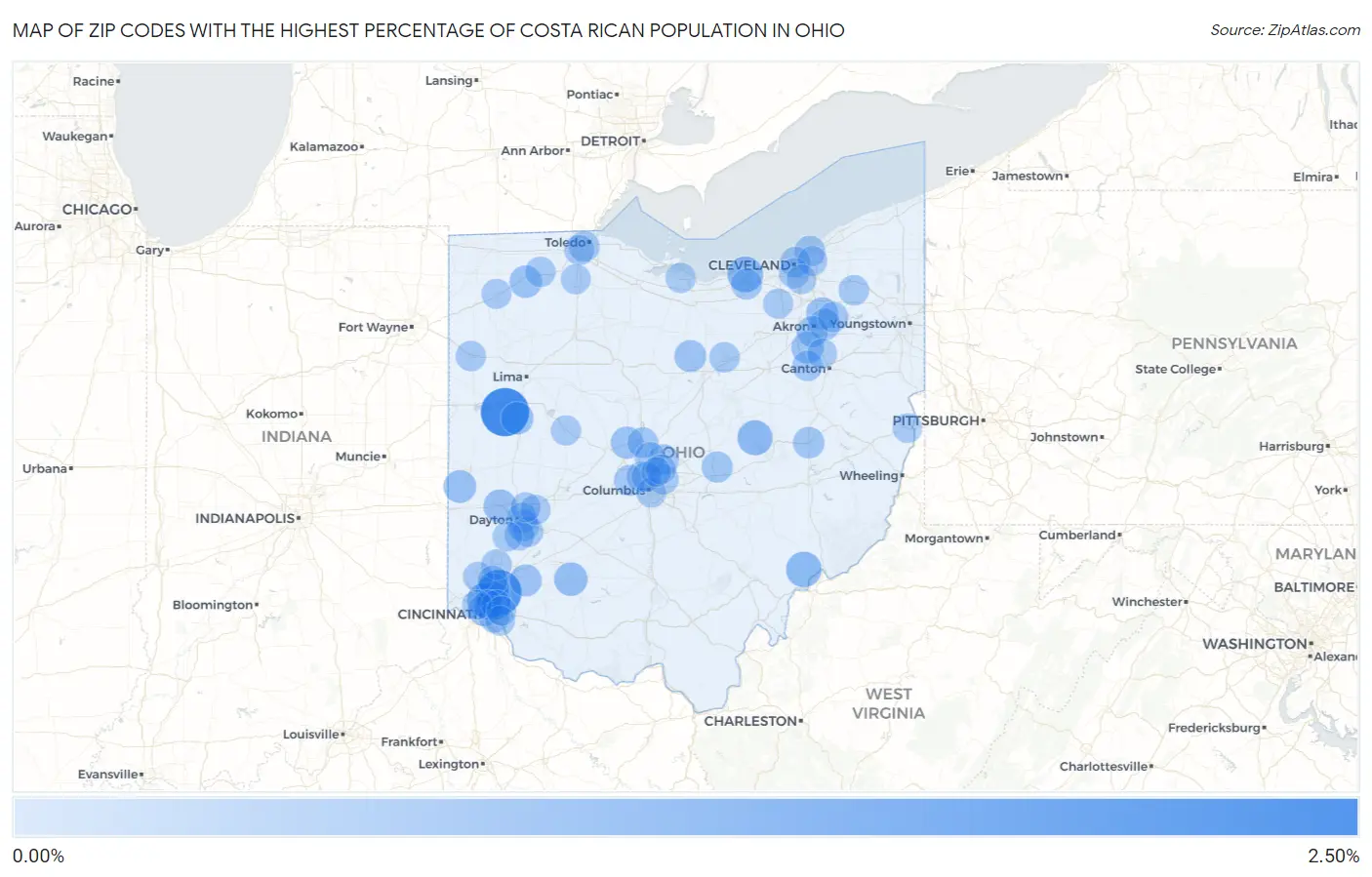 Zip Codes with the Highest Percentage of Costa Rican Population in Ohio Map