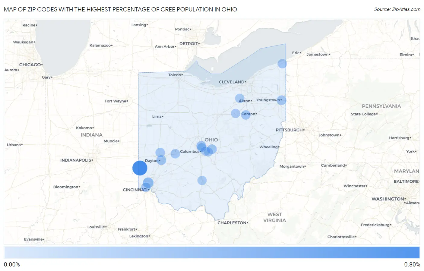 Zip Codes with the Highest Percentage of Cree Population in Ohio Map