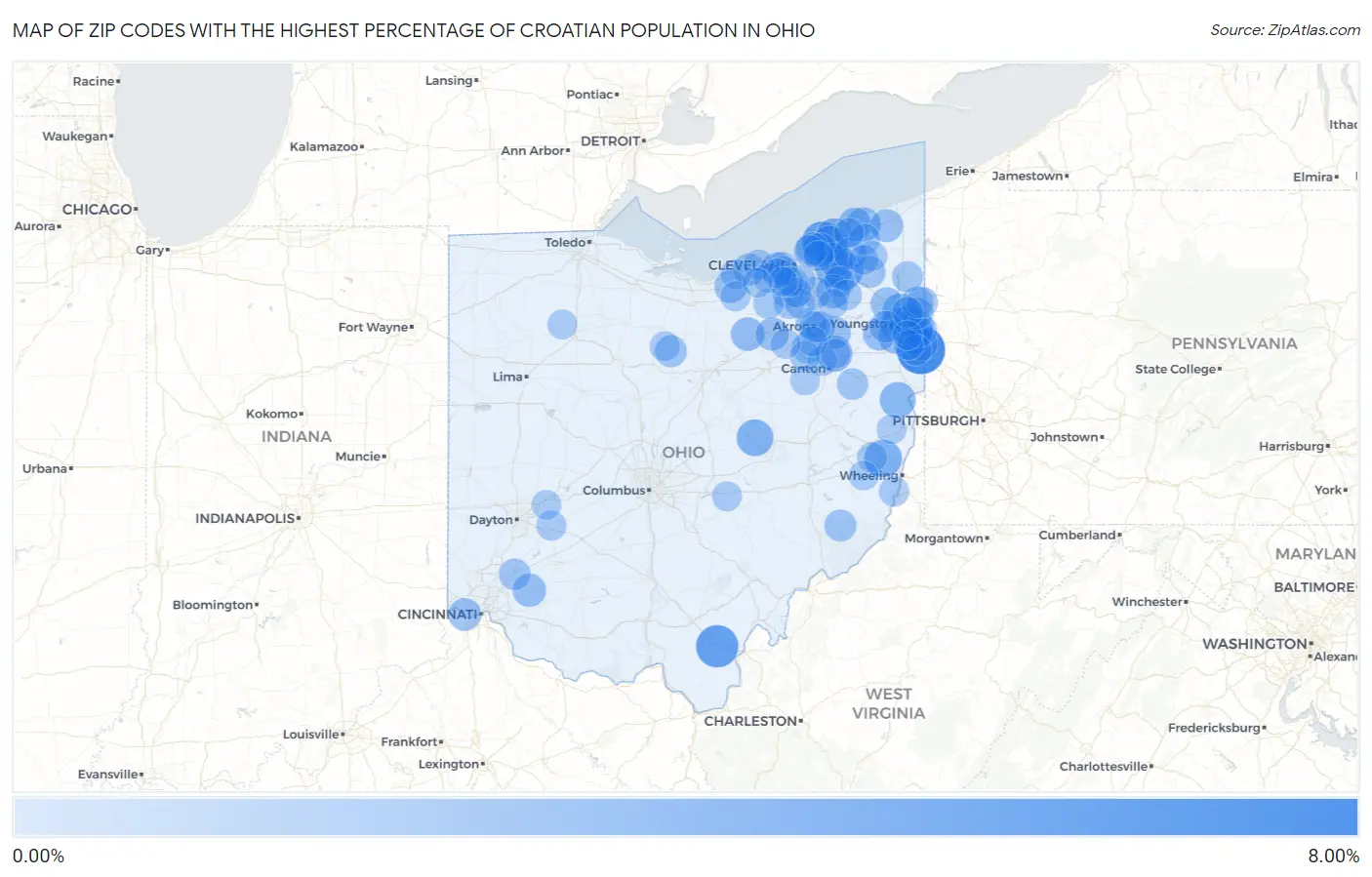 Zip Codes with the Highest Percentage of Croatian Population in Ohio Map