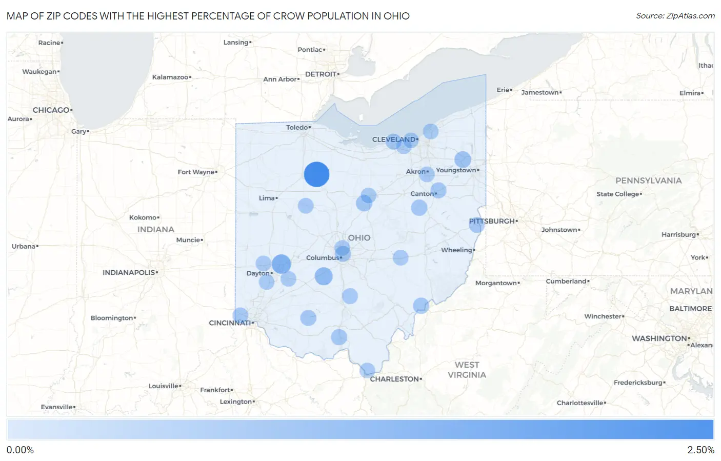 Zip Codes with the Highest Percentage of Crow Population in Ohio Map