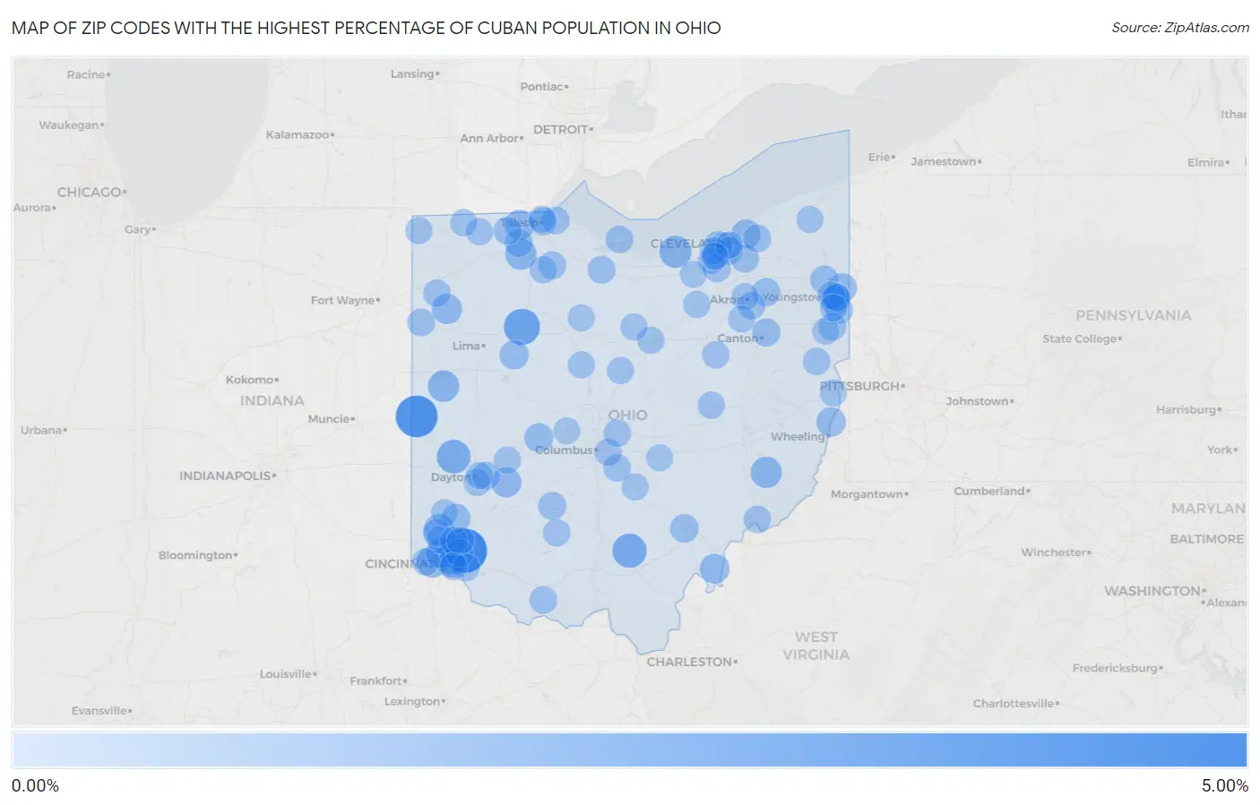 Zip Codes with the Highest Percentage of Cuban Population in Ohio Map