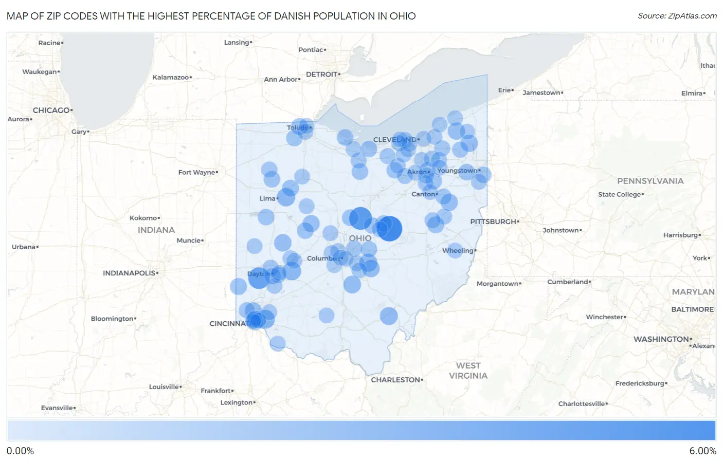 Zip Codes with the Highest Percentage of Danish Population in Ohio Map