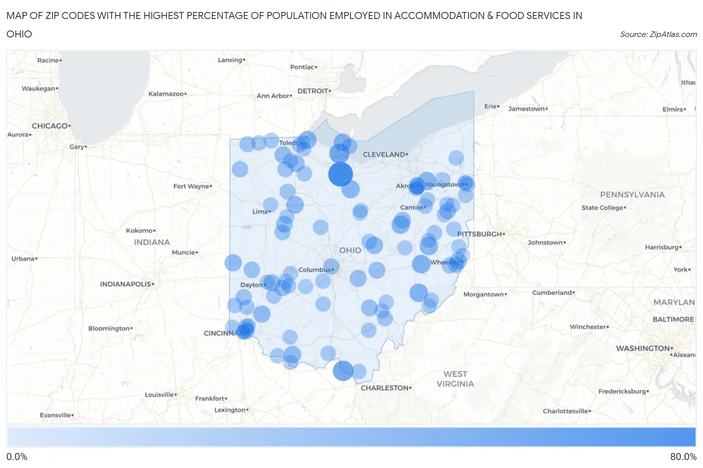 Zip Codes with the Highest Percentage of Population Employed in Accommodation & Food Services in Ohio Map
