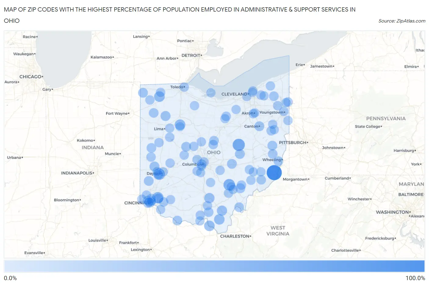 Zip Codes with the Highest Percentage of Population Employed in Administrative & Support Services in Ohio Map