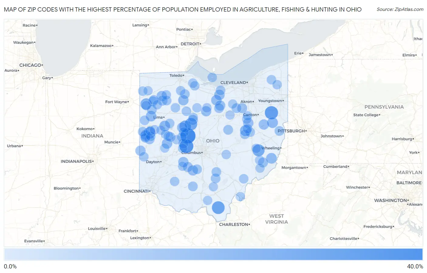 Zip Codes with the Highest Percentage of Population Employed in Agriculture, Fishing & Hunting in Ohio Map
