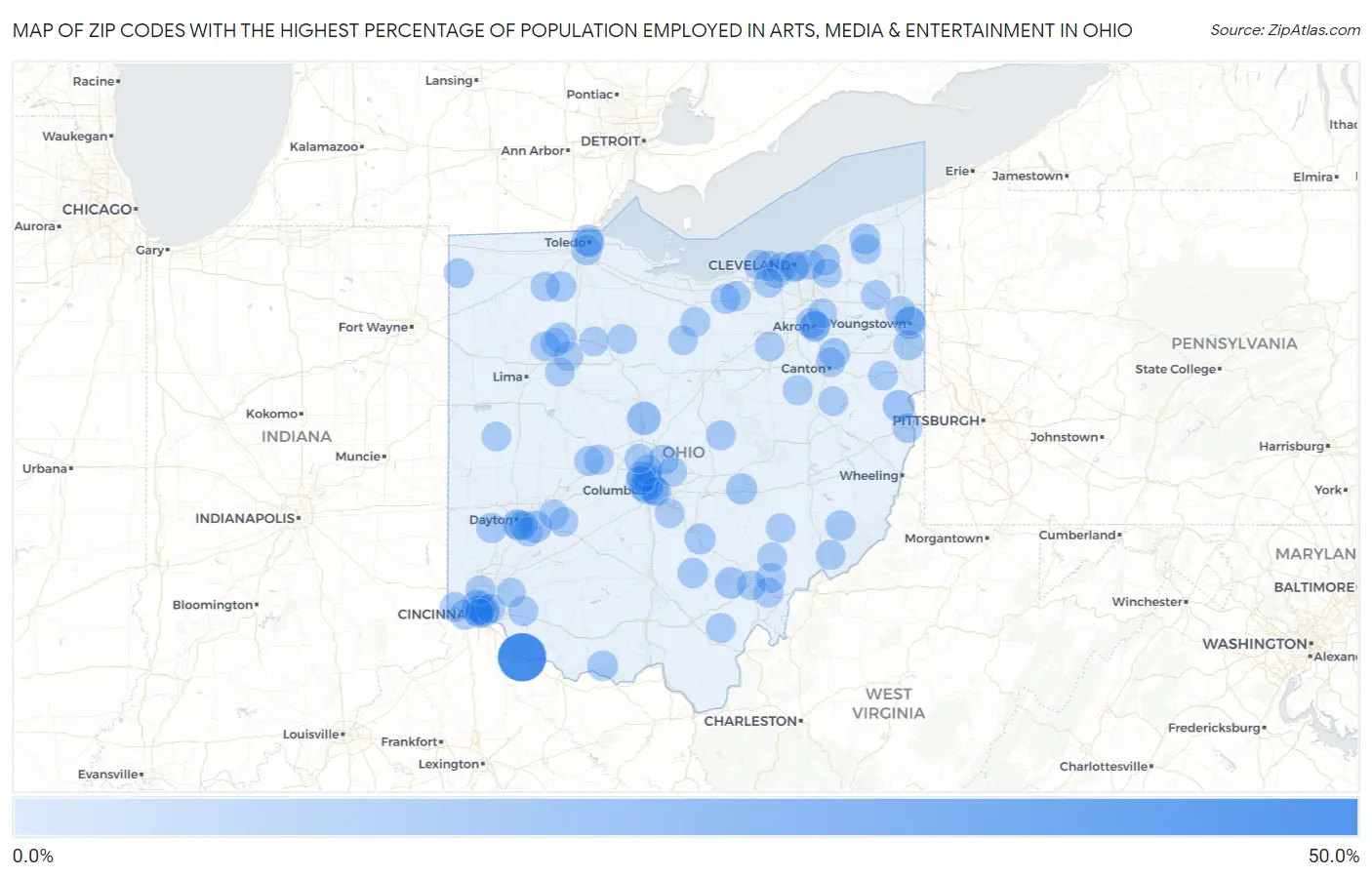Zip Codes with the Highest Percentage of Population Employed in Arts, Media & Entertainment in Ohio Map