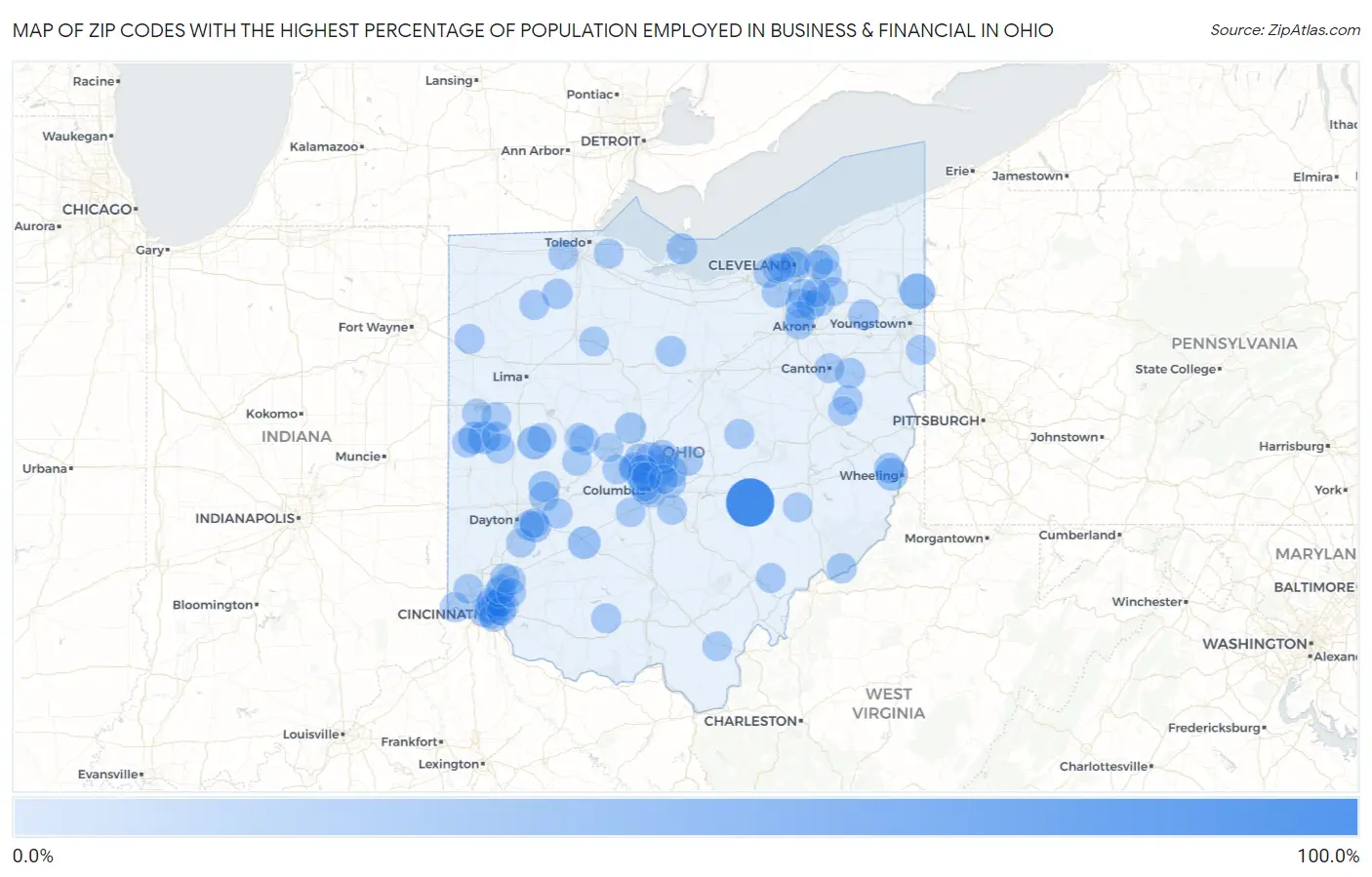 Zip Codes with the Highest Percentage of Population Employed in Business & Financial in Ohio Map